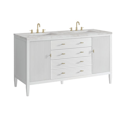 Renovate for Less Atlanta Myrrin 60" Double Vanity, Bright White w/ 3 CM Victorian Silver Silestone Top w/FreePower Wireless Charger