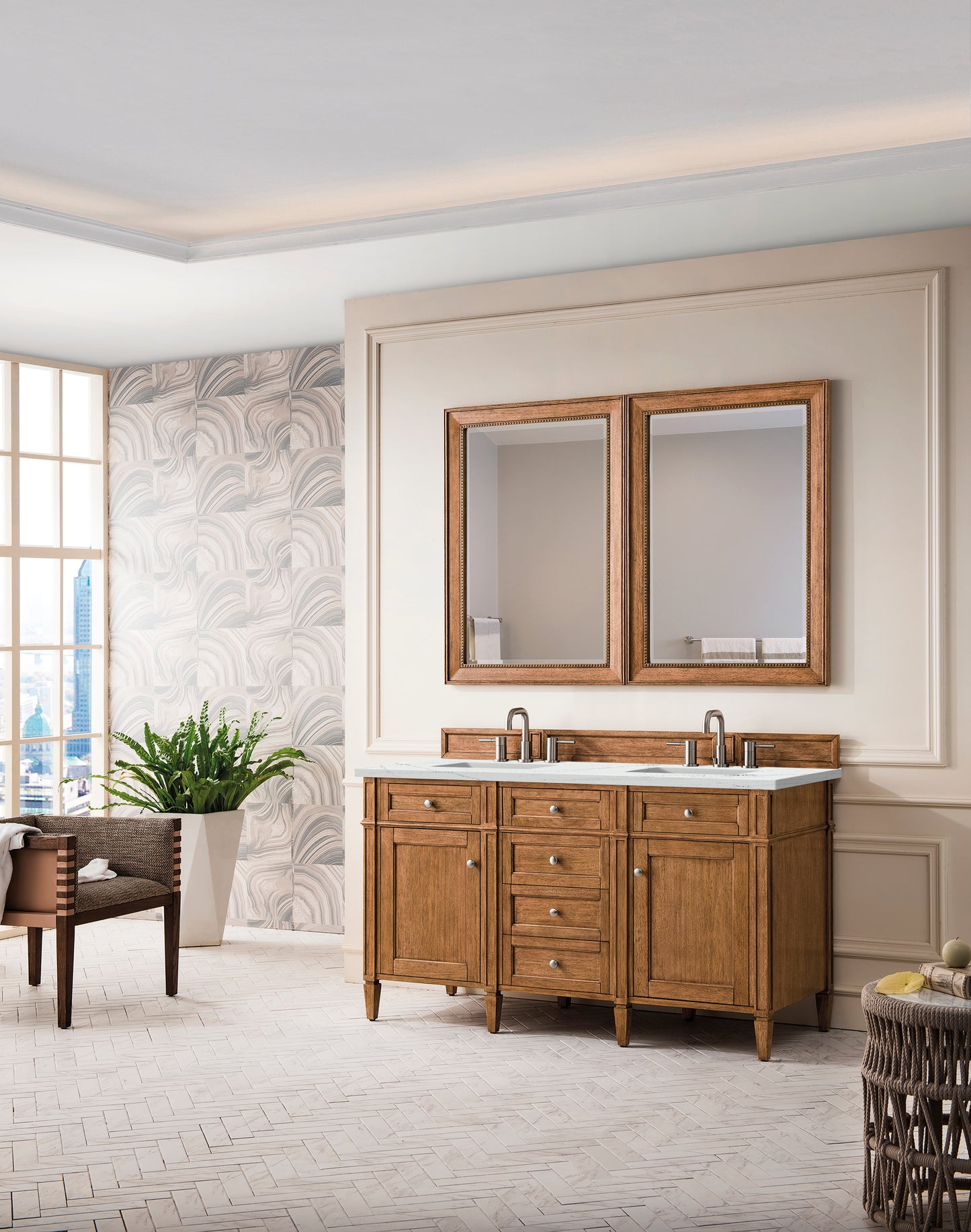 Renovate for Less Atlanta Brittany 60" Double Vanity, Saddle Brown w/ 3 CM Ethereal Noctis Silestone Top w/FreePower Wireless Charger