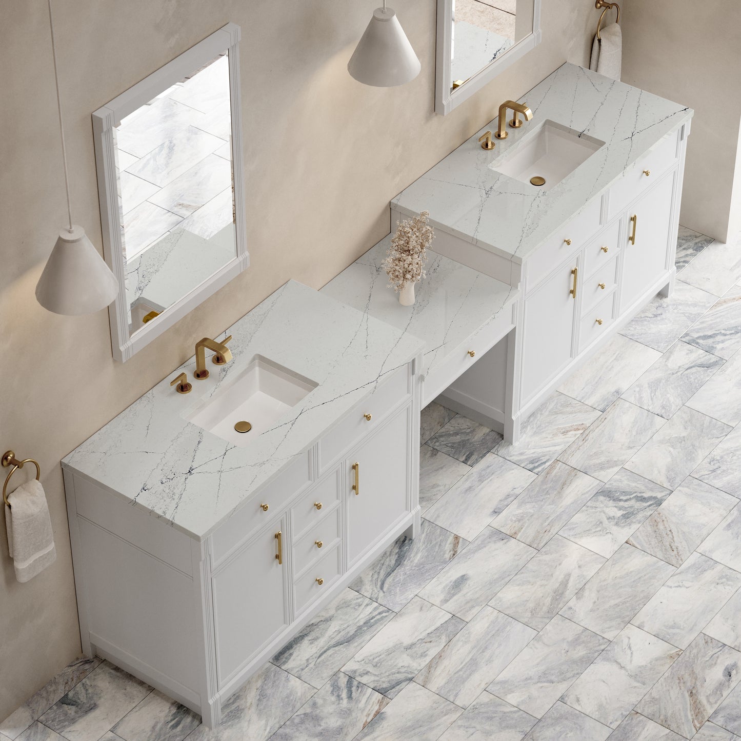 Renovate for Less Atlanta Bellshire 120" Dual Vanity Set with 24" Make-Up Counter, Bright White w/3 cm Ethereal Noctis Silestone Top w/FreePower Wireless Charger
