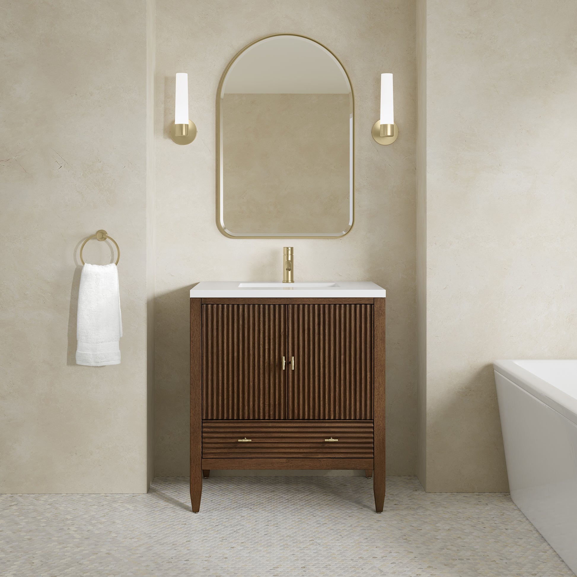 Renovate for Less Atlanta Myrrin 30" Single Vanity, Mid-Century Walnut w/ Single Hole 3 CM White Zeus Silestone Top and Matching Backsplash