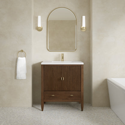 Renovate for Less Atlanta Myrrin 30" Single Vanity, Mid-Century Walnut w/ Single Hole 3 CM White Zeus Silestone Top and Matching Backsplash