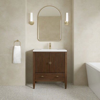 Myrrin 30" Single Vanity, Mid-Century Walnut w/ Single Hole 3 CM White Zeus Silestone Top and Matching Backsplash
