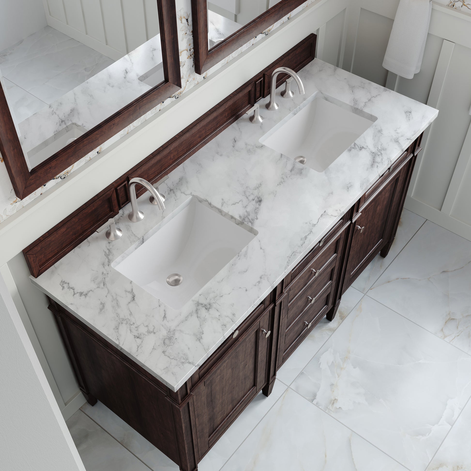Renovate for Less Atlanta Brittany 60" Double Vanity, Burnished Mahogany w/ 3 CM Carrara Marble Top
