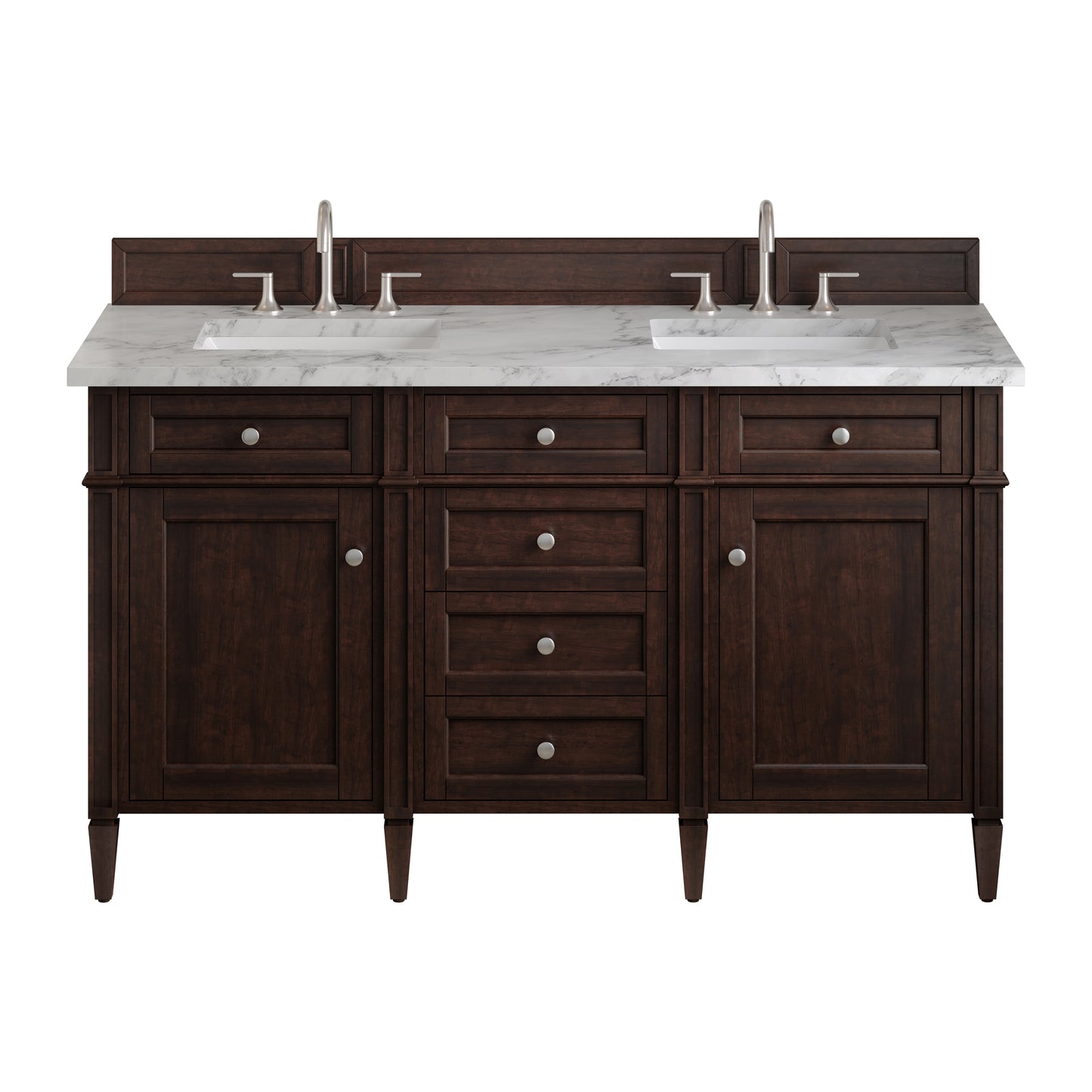 Renovate for Less Atlanta Brittany 60" Double Vanity, Burnished Mahogany w/ 3 CM Carrara Marble Top