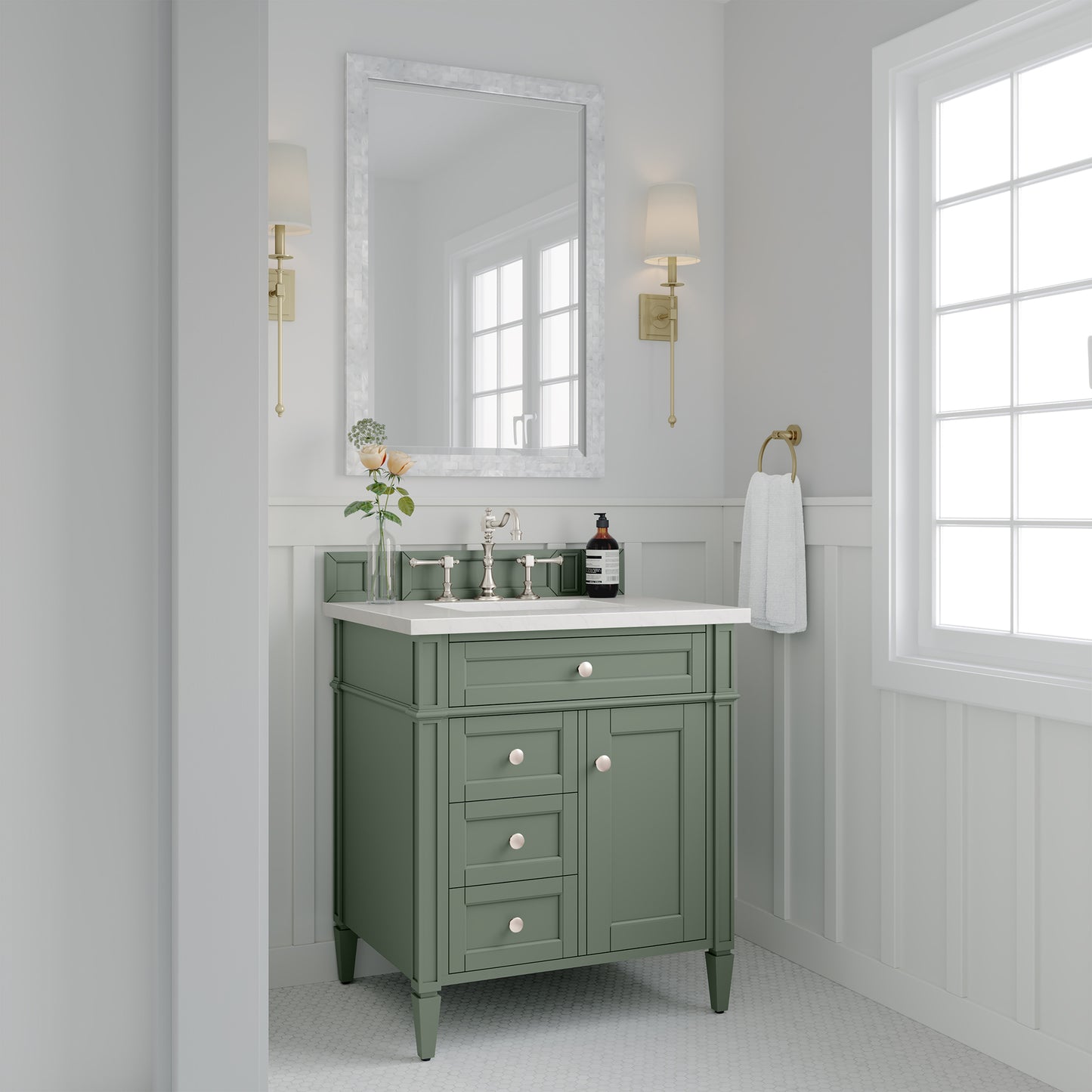 Renovate for Less Atlanta Brittany 30" Single Vanity, Smokey Celadon w/ 3 CM White Zeus Top