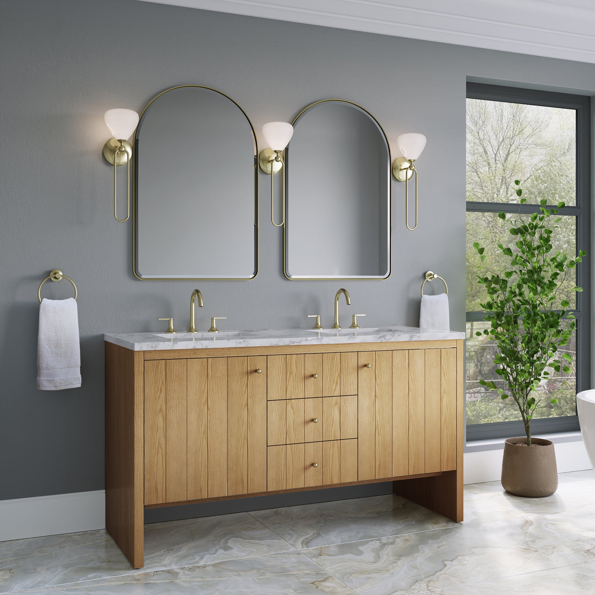 Renovate for Less Atlanta Hudson 60" Double Vanity, Light Natural Oak w/ 3 CM Carrara Marble Top