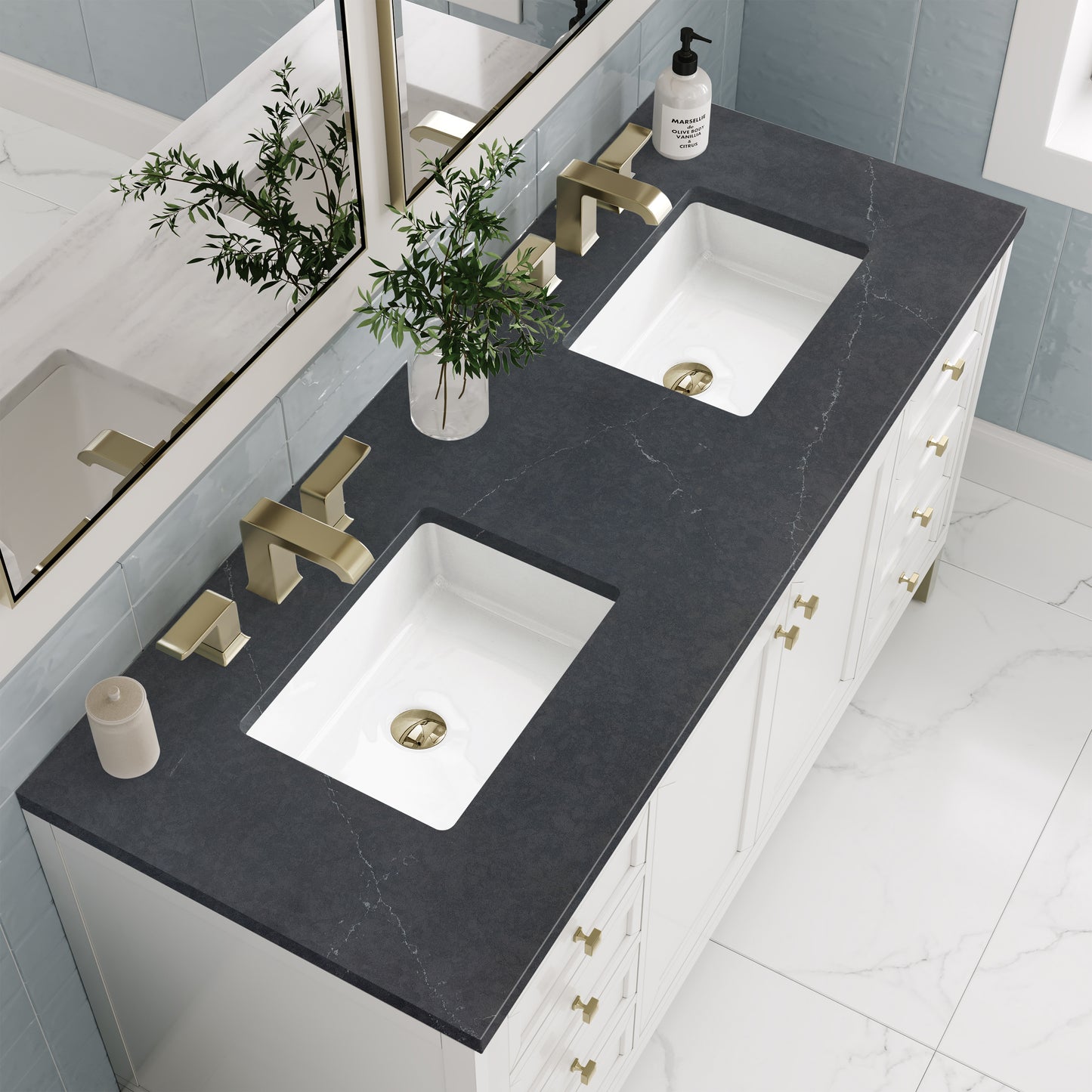 Renovate for Less Atlanta Chicago 60" Double Vanity, Glossy White, w/ 3 CM Charcoal Soapstone Silestone® Top