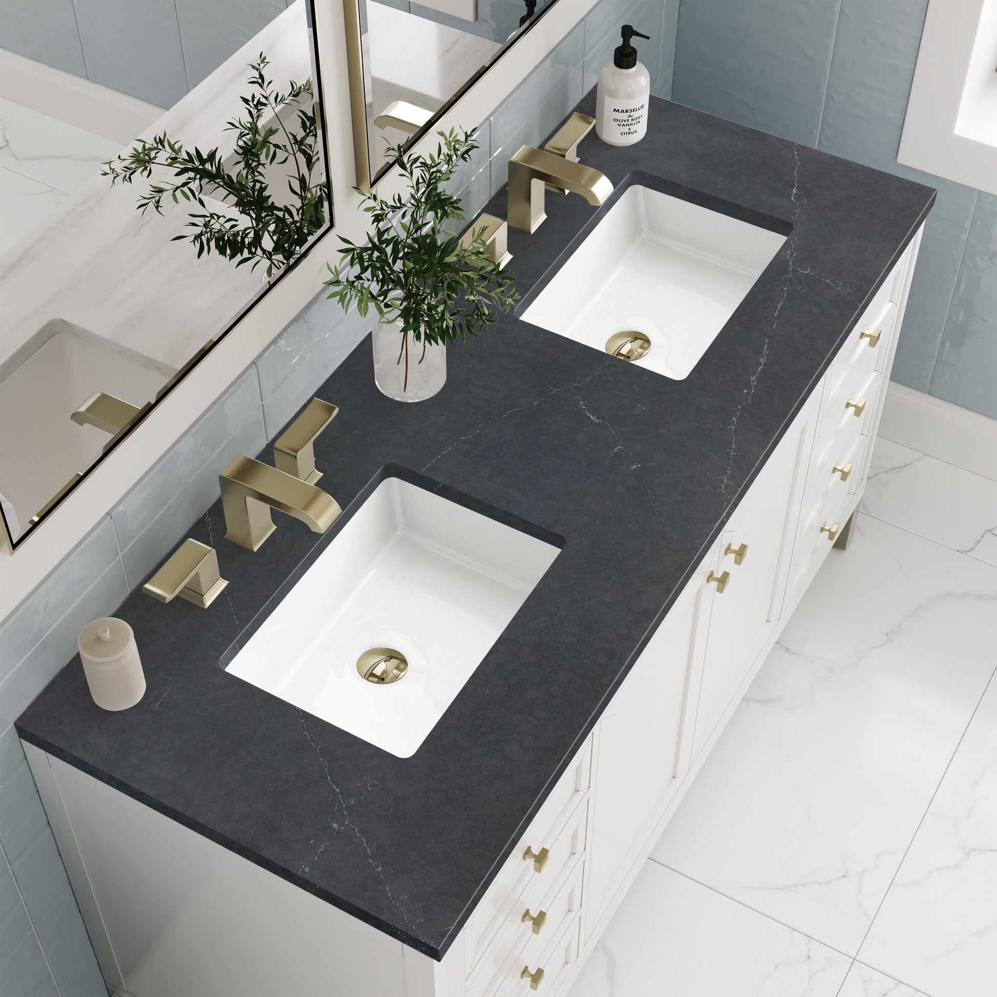 Renovate for Less Atlanta Chicago 60" Double Vanity, Glossy White, w/ 3 CM Charcoal Soapstone Silestone® Top