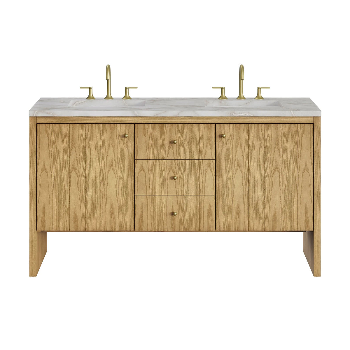Hudson 60" Double Vanity, Light Natural Oak w/ 3 CM Victorian Silver Top w/FreePower Wireless Charger