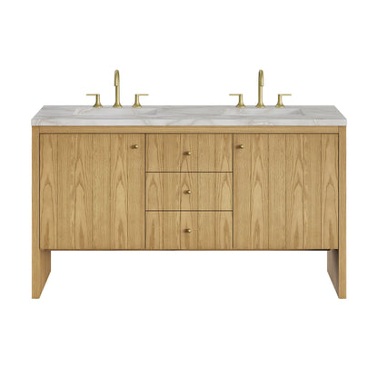 Hudson 60" Double Vanity, Light Natural Oak w/ 3 CM Victorian Silver Top w/FreePower Wireless Charger