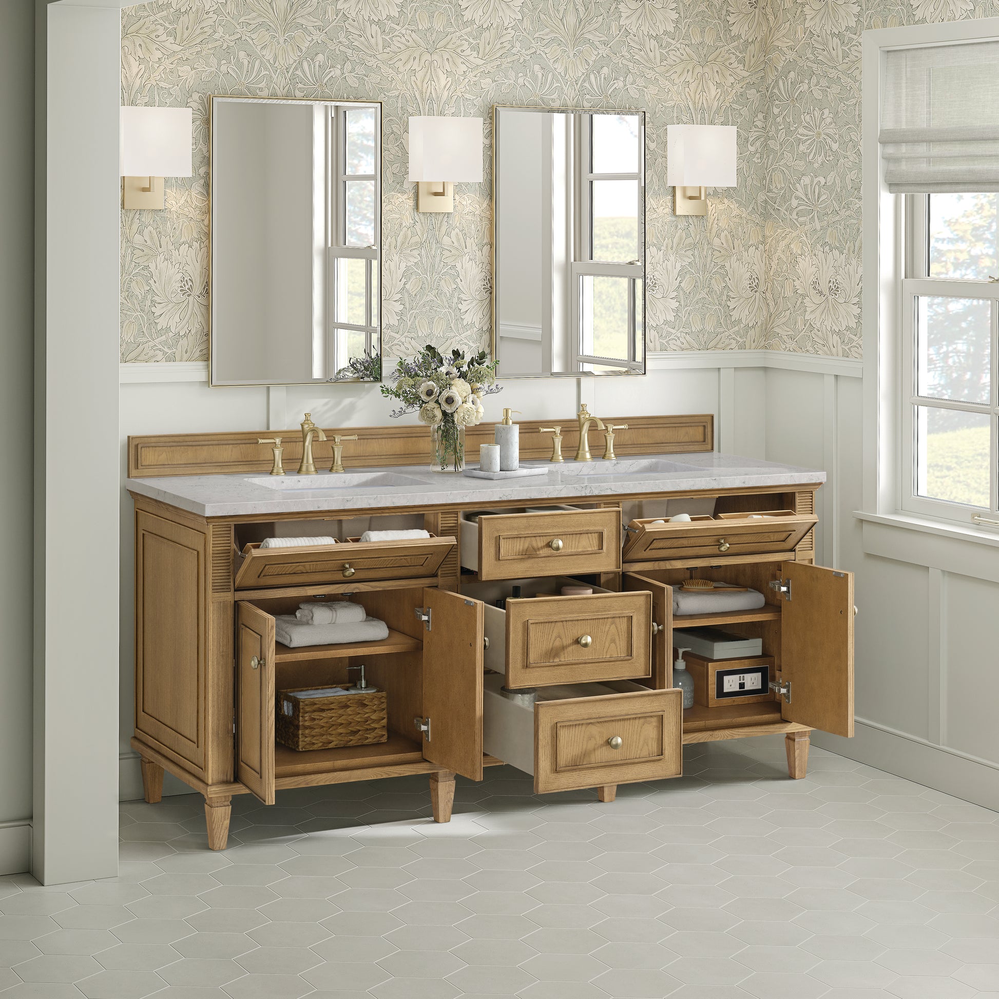 Renovate for Less Atlanta Lorelai 72" Double Vanity, Light Natural Oak w/ 3 CM Eternal Jasmine Pearl Silestone Top w/FreePower Wireless Charger