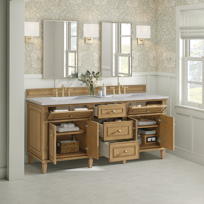 Renovate for Less Atlanta Lorelai 72" Double Vanity, Light Natural Oak w/ 3 CM Eternal Jasmine Pearl Silestone Top w/FreePower Wireless Charger