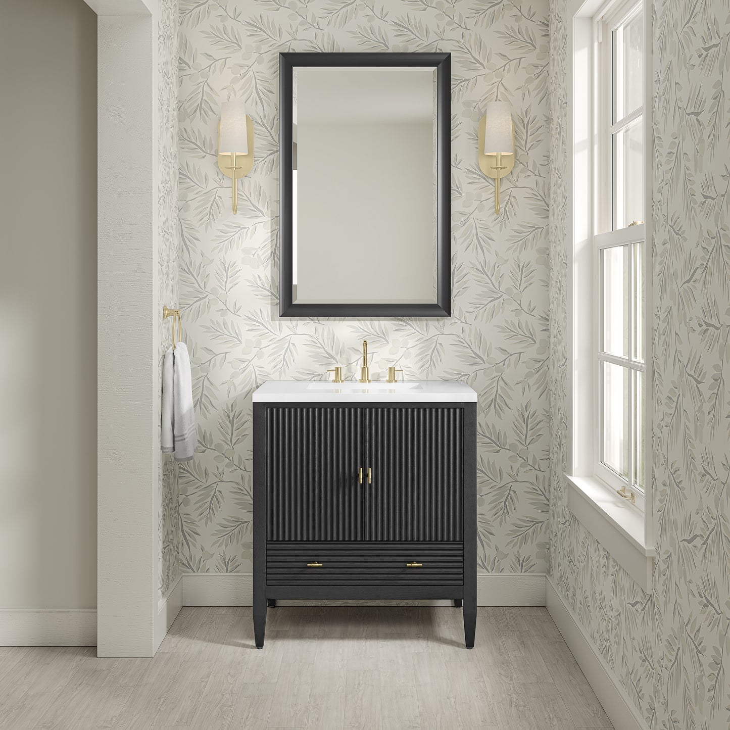 Renovate for Less Atlanta Myrrin 30" Single Vanity, Carbon Oak w/ 3 CM White Zeus Silestone Top