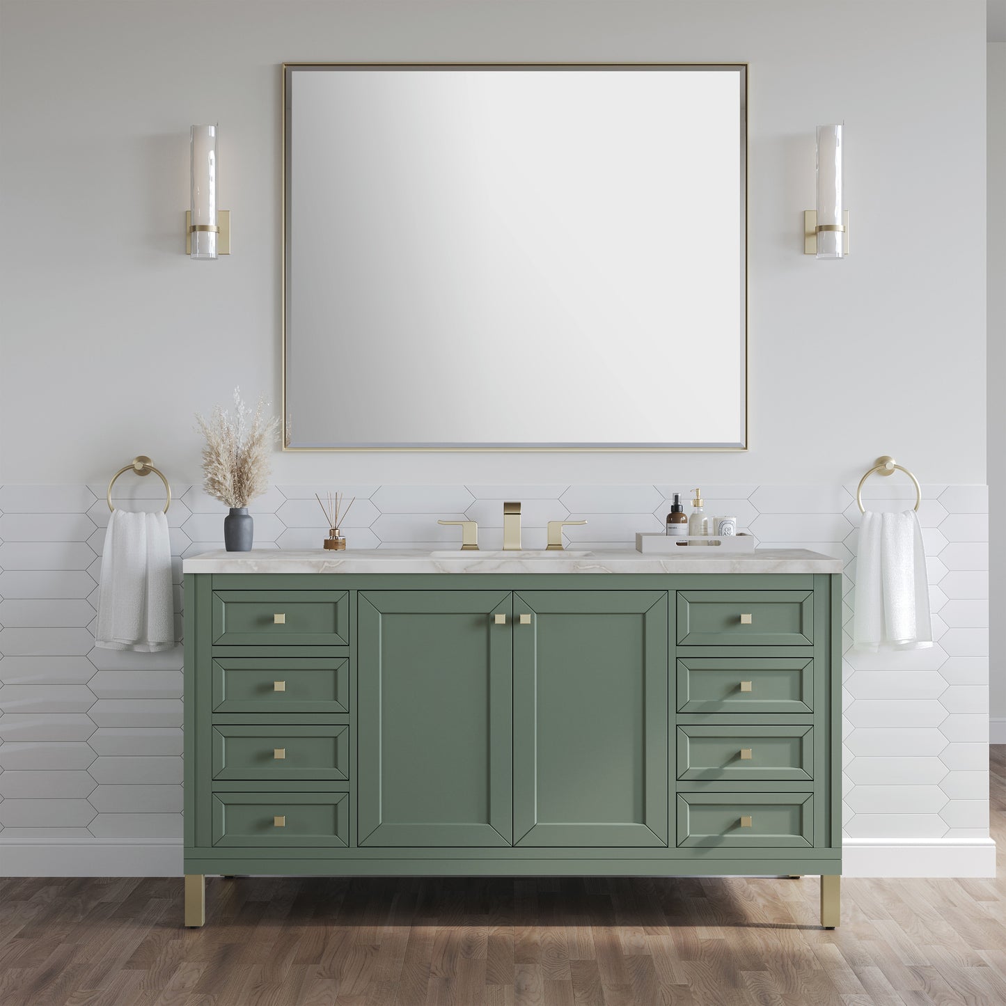 Renovate for Less Atlanta Chicago 60" Single Vanity, Smokey Celadon, w/ 3 CM Victorian Silver Silestone Top w/ FreePower Wireless Charger