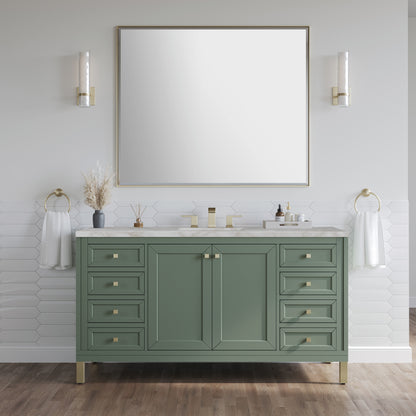 Renovate for Less Atlanta Chicago 60" Single Vanity, Smokey Celadon, w/ 3 CM Victorian Silver Silestone Top w/ FreePower Wireless Charger