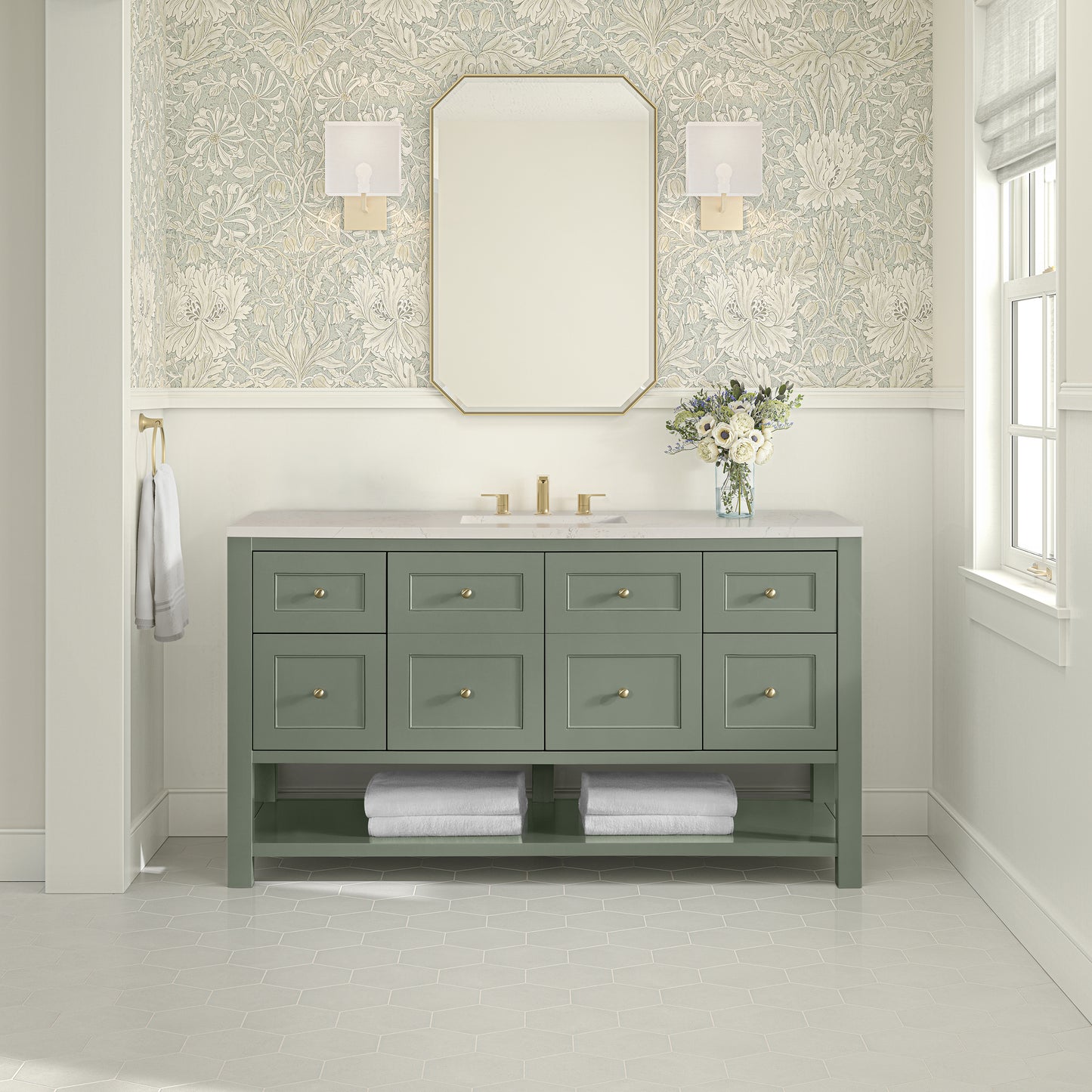 Renovate for Less Atlanta Breckenridge 60" Single Vanity, Smokey Celadon, w/ 3 CM Siberian Silestone Top w/FreePower Wireless Charger