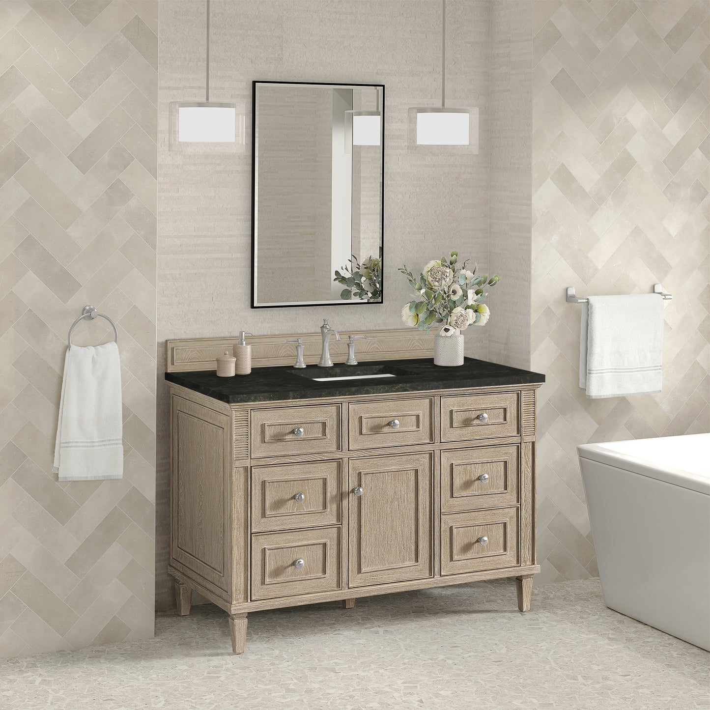 Renovate for Less Atlanta Lorelai 48" Single Vanity, Whitewashed Oak, w/ 3 CM Phantome Eclos Top