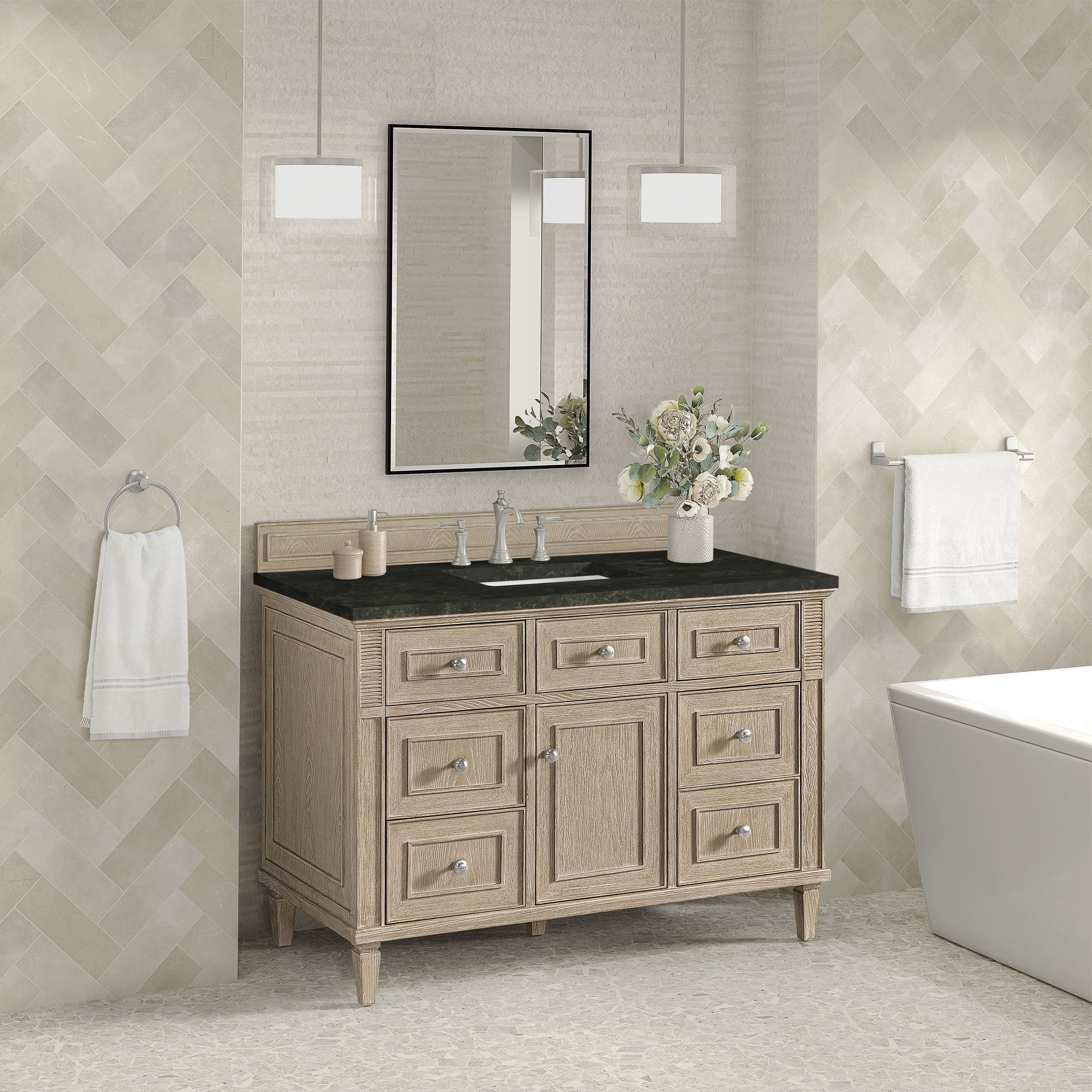 Renovate for Less Atlanta Lorelai 48" Single Vanity, Whitewashed Oak, w/ 3 CM Phantome Eclos Top