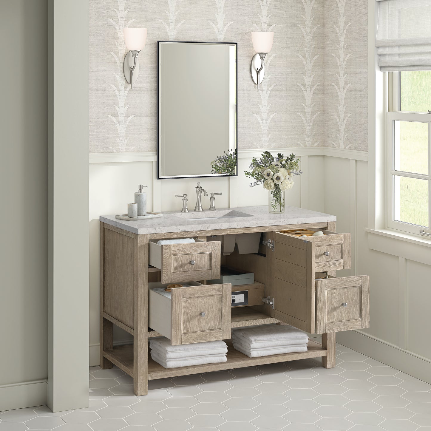 Renovate for Less Atlanta Breckenridge 48" Single Vanity, Whitewashed Oak w/ 3 CM Eternal Jasmine Pearl Silestone Top
