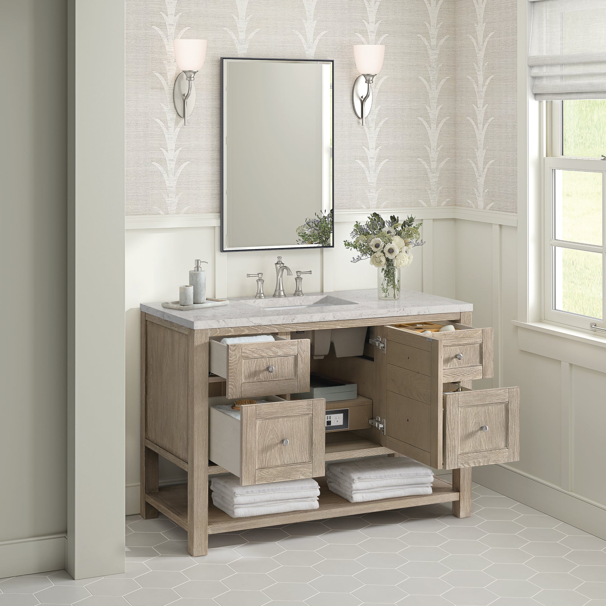 Renovate for Less Atlanta Breckenridge 48" Single Vanity, Whitewashed Oak w/ 3 CM Eternal Jasmine Pearl Silestone Top