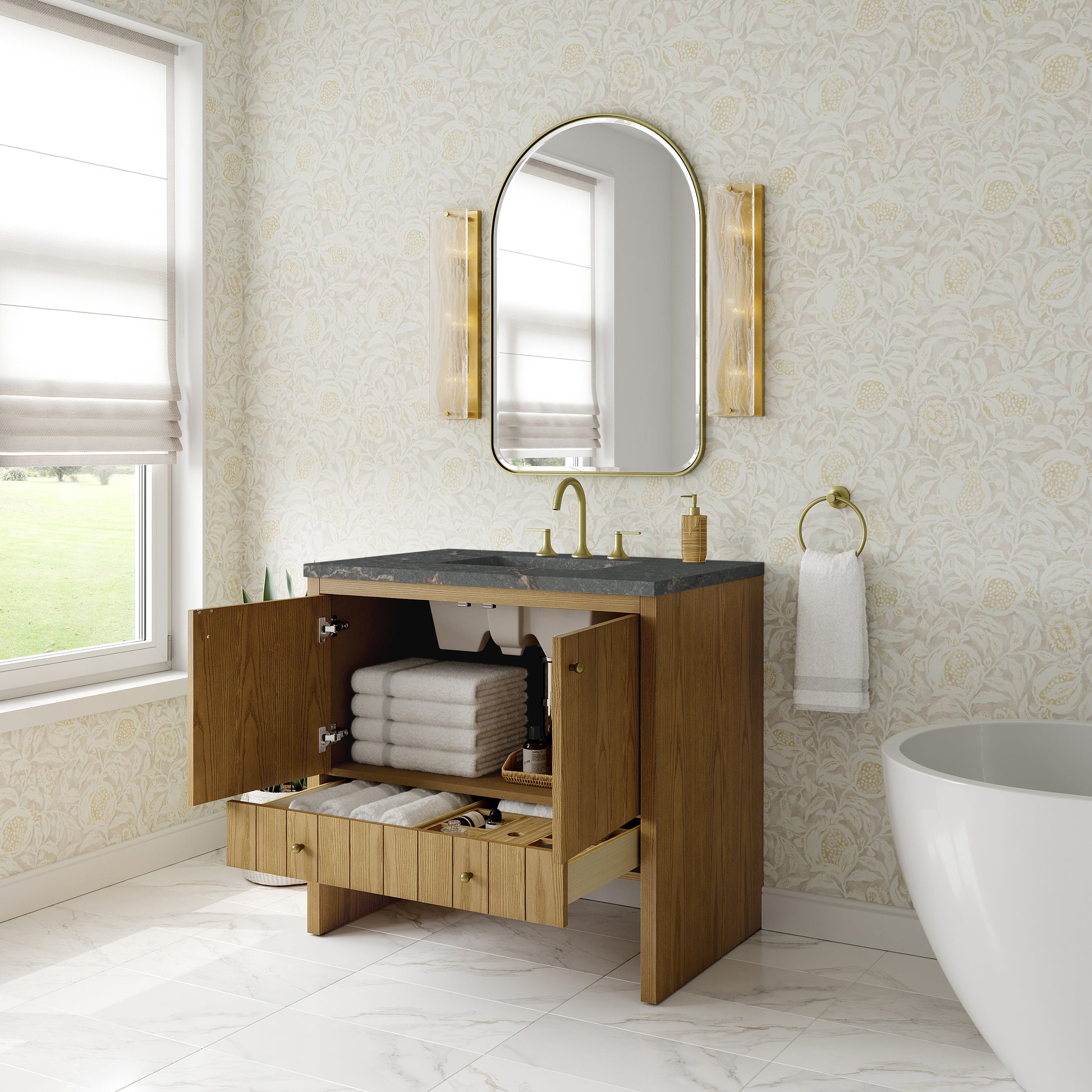 Renovate for Less Atlanta Hudson 36" Single Vanity, Light Natural Oak w/ 3 CM Parisien Bleu Top