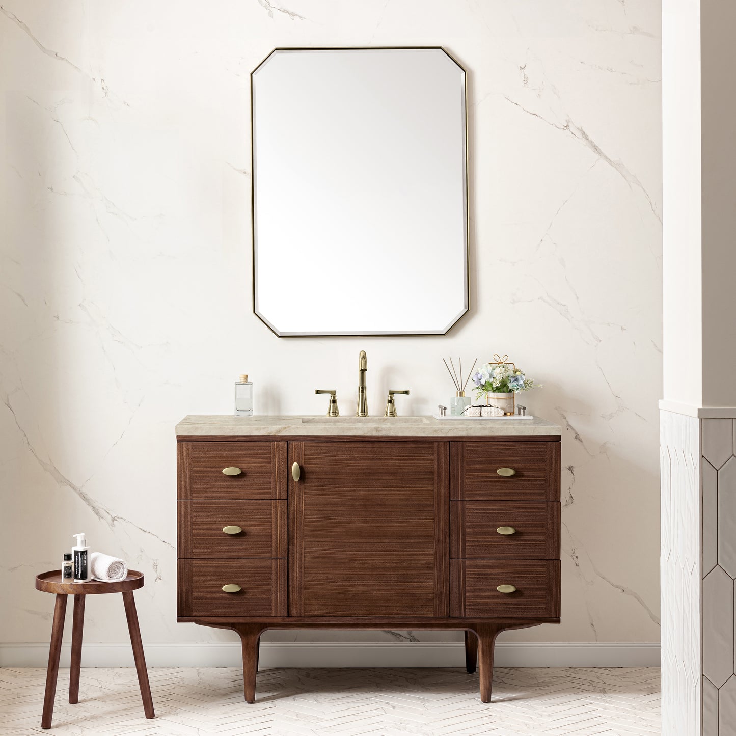 Renovate for Less Atlanta Amberly 48" Single Vanity, Mid-Century Walnut, w/ 3 CM Tajnar Eclos Top w/FreePower Wireless Charger