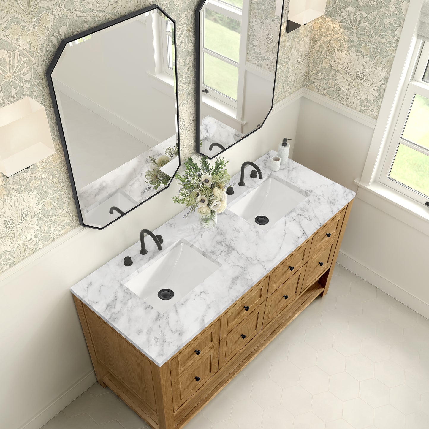 Renovate for Less Atlanta Breckenridge 60" Double Vanity, Light Natural Oak, w/ 3 CM Carrara Marble Top