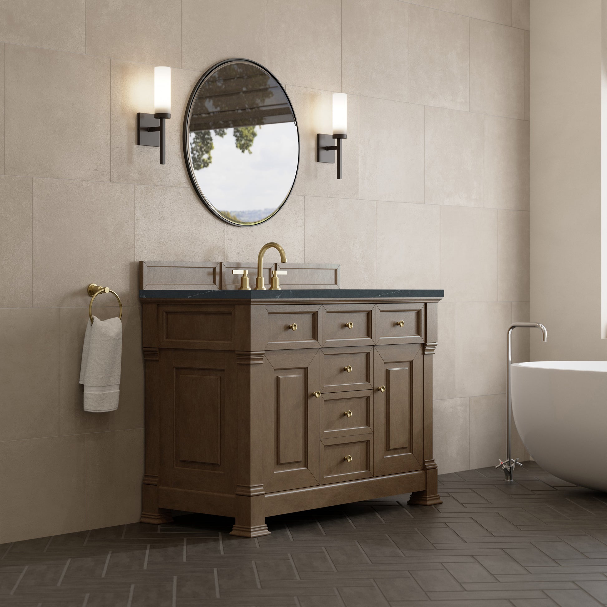 Renovate for Less Atlanta Brookfield 48" Single Vanity, Pecan w/3 CM Charcoal Soapstone Silestone Top