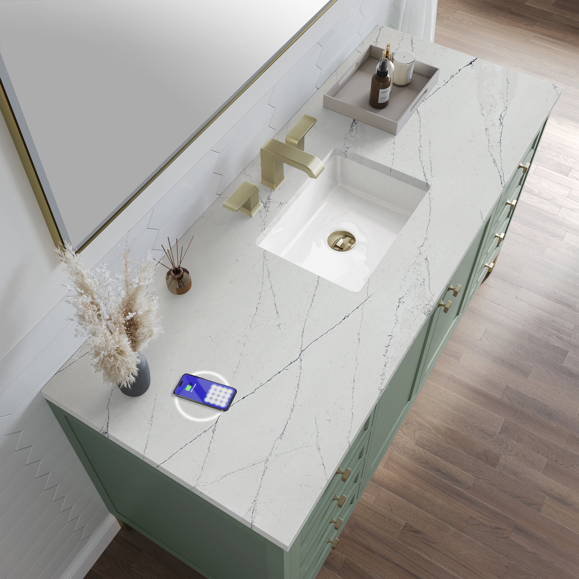 Renovate for Less Atlanta Chicago 60" Single Vanity, Smokey Celadon, w/ 3 CM Ethereal Noctis Silestone Top w/ FreePower Wireless Charger