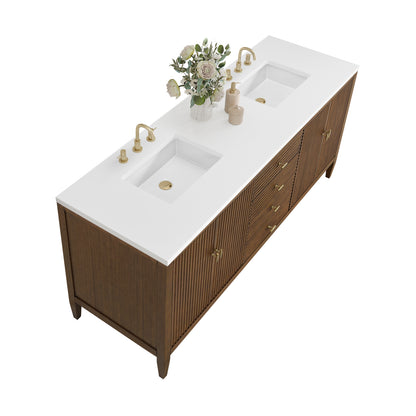Renovate for Less Atlanta Myrrin 72" Double Vanity, Mid Century Walnut w/ 3 CM White Zeus Silestone Top