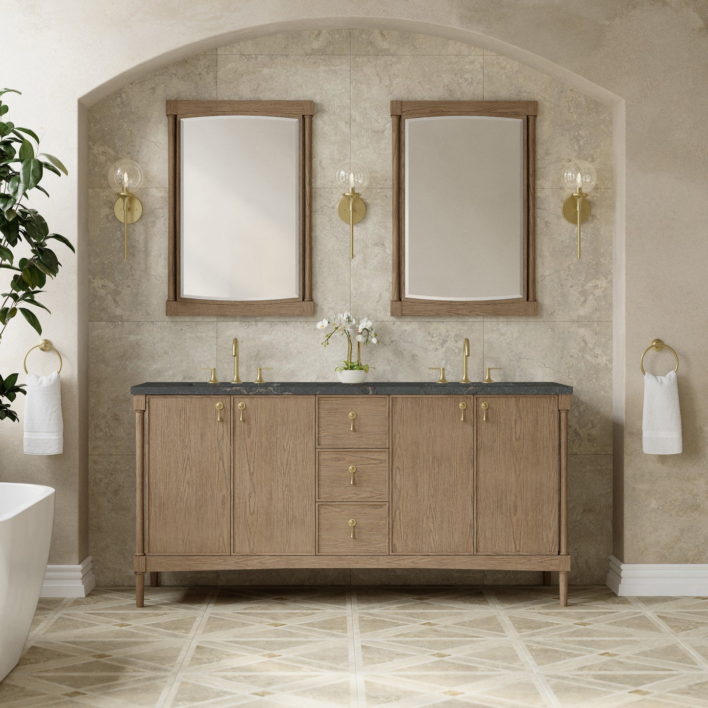 Renovate for Less Atlanta Kinnsden 72" Double Vanity, Weathered Oak w/ 3 CM Parisien Bleu Silestone Top w/FreePower Wireless Charger