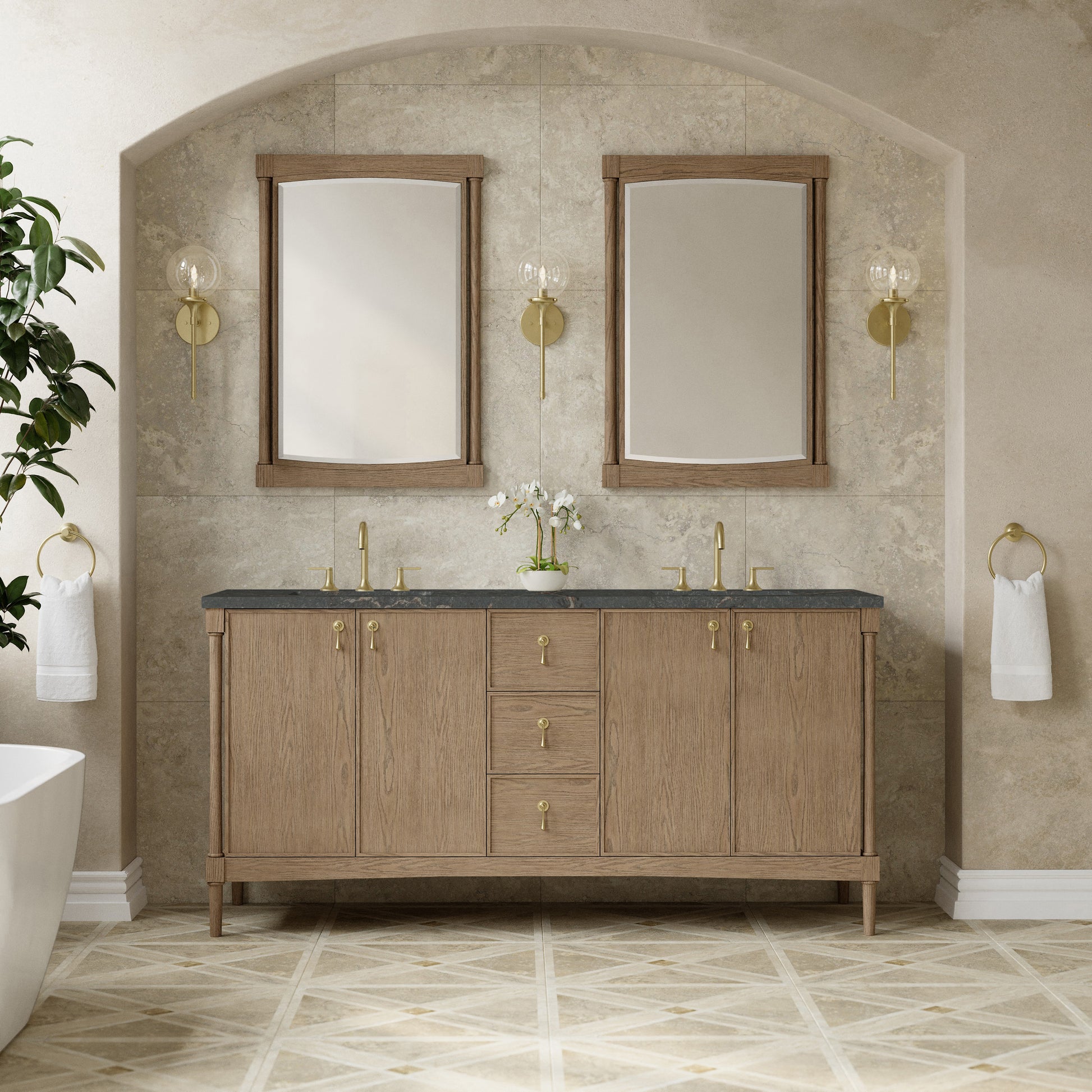 Renovate for Less Atlanta Kinnsden 72" Double Vanity, Weathered Oak w/ 3 CM Parisien Bleu Silestone Top w/FreePower Wireless Charger