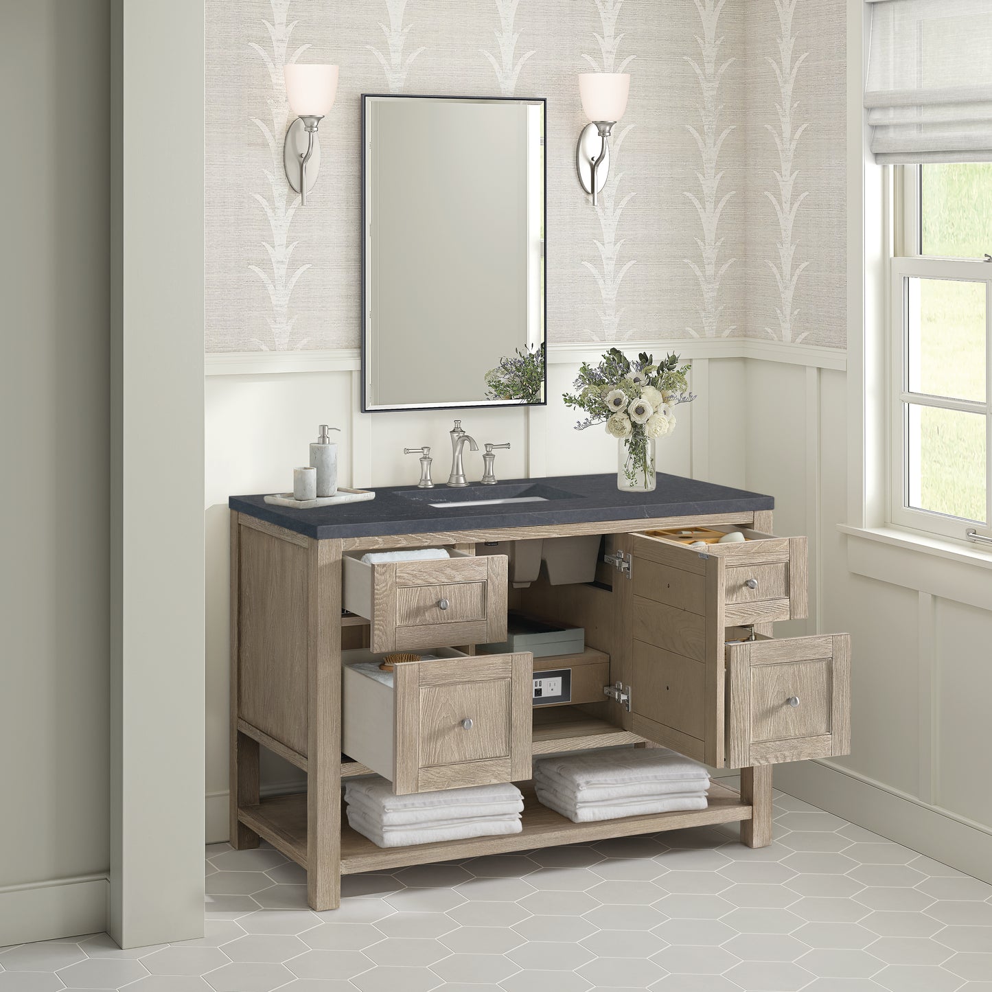 Renovate for Less Atlanta Breckenridge 48" Single Vanity, Whitewashed Oak w/ 3 CM Charcoal Soapstone Silestone Top