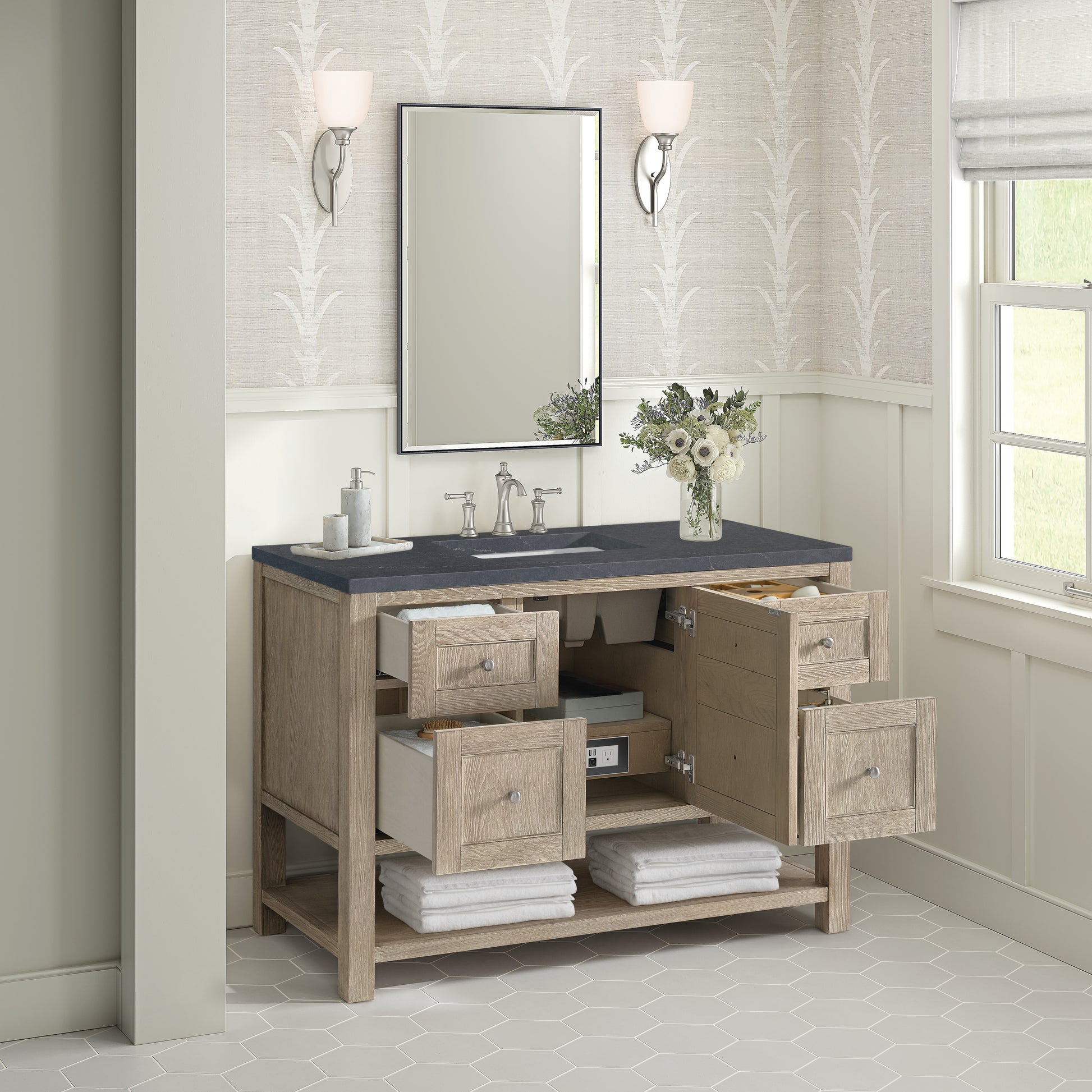 Renovate for Less Atlanta Breckenridge 48" Single Vanity, Whitewashed Oak w/ 3 CM Charcoal Soapstone Silestone Top