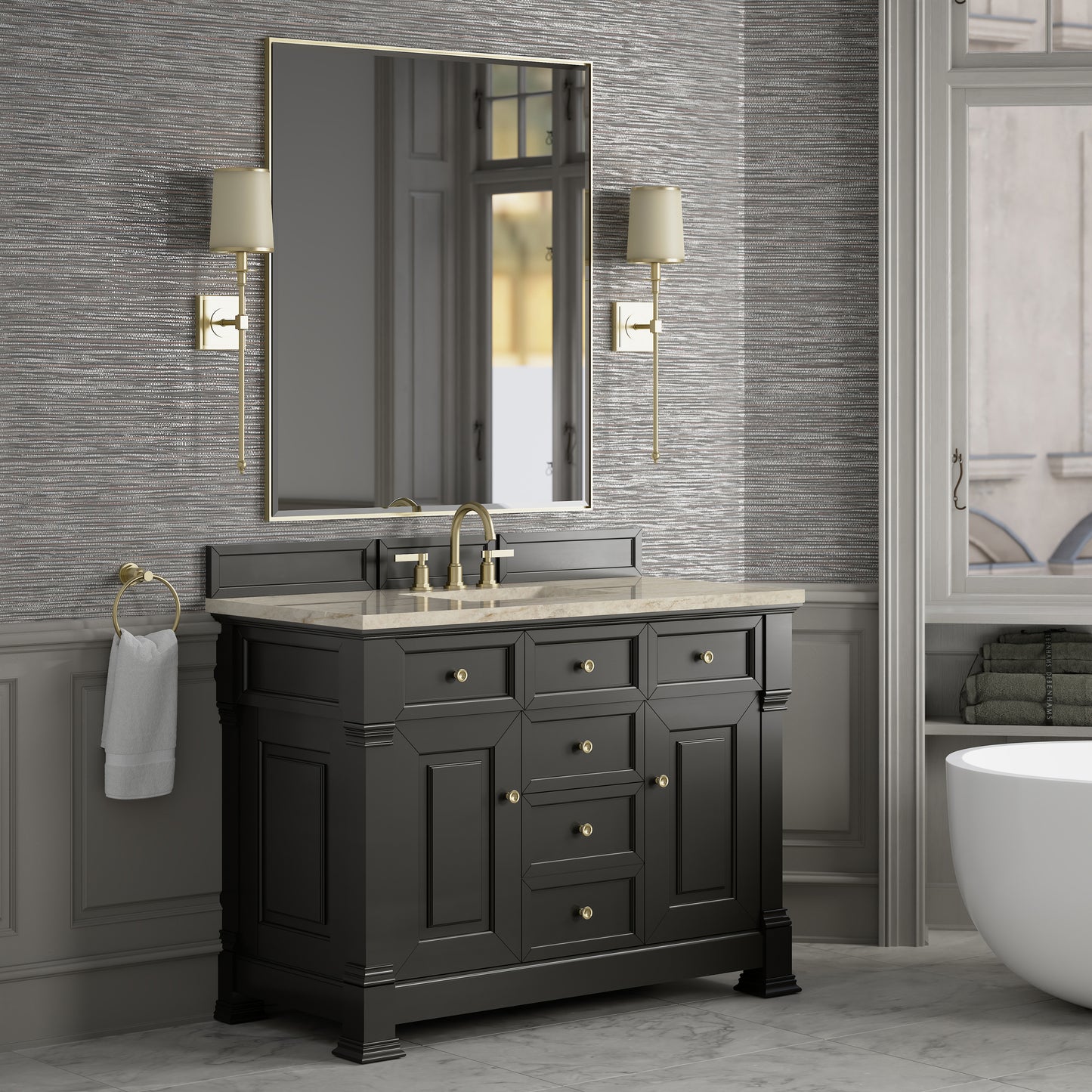 Renovate for Less Atlanta Brookfield 48" Single Vanity, Black Onyx, w/ 3 CM Tajnar Eclos Top w/FreePower Wireless Charger