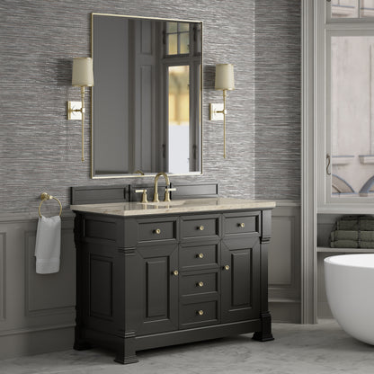 Renovate for Less Atlanta Brookfield 48" Single Vanity, Black Onyx, w/ 3 CM Tajnar Eclos Top w/FreePower Wireless Charger