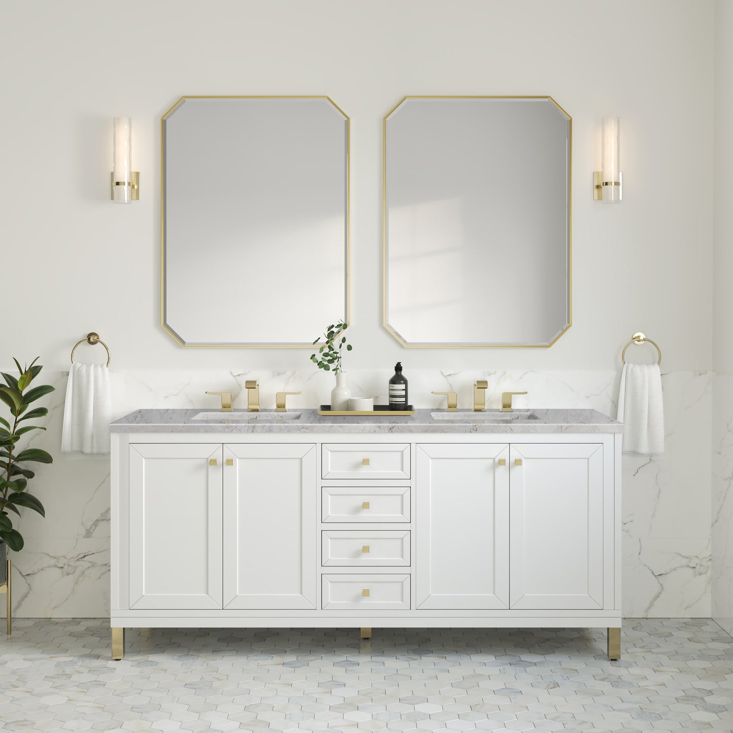 Renovate for Less Atlanta Chicago 72" Double Vanity, Glossy White, w/ 3 CM Eternal Jasmine Pearl Silestone Top w/ FreePower Wireless Charger