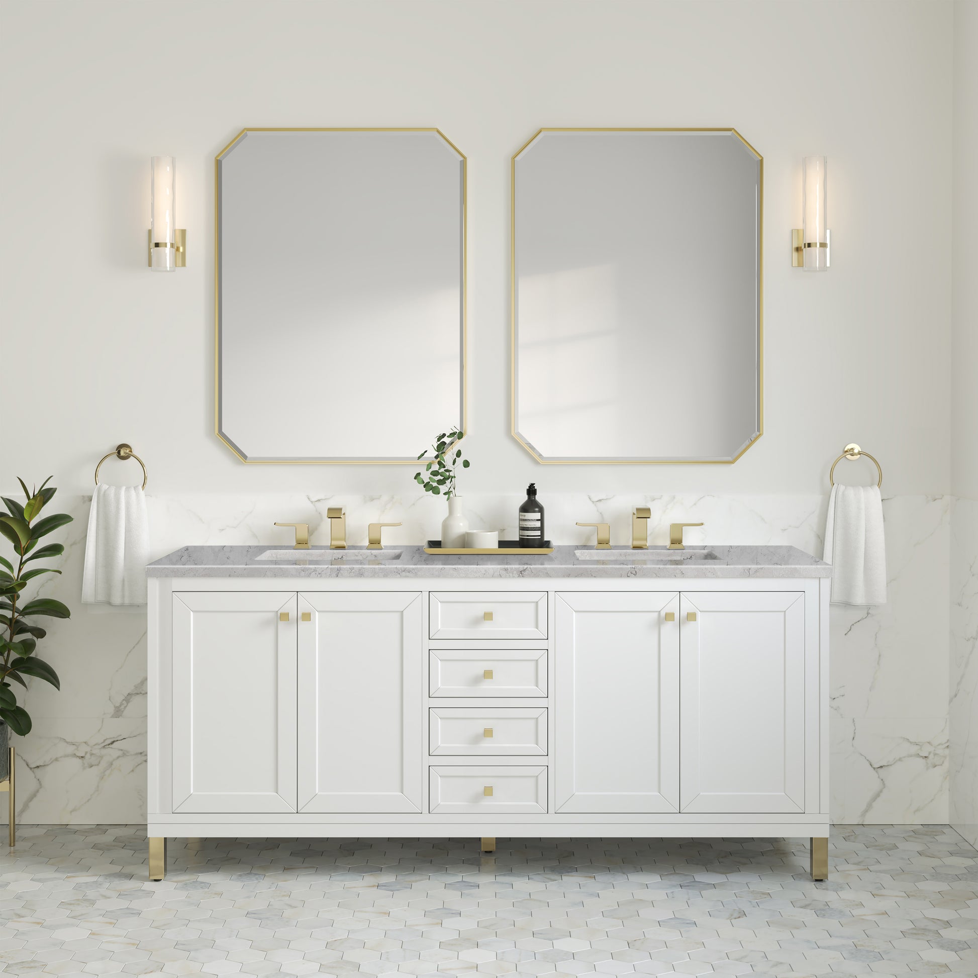 Renovate for Less Atlanta Chicago 72" Double Vanity, Glossy White, w/ 3 CM Eternal Jasmine Pearl Silestone Top w/ FreePower Wireless Charger
