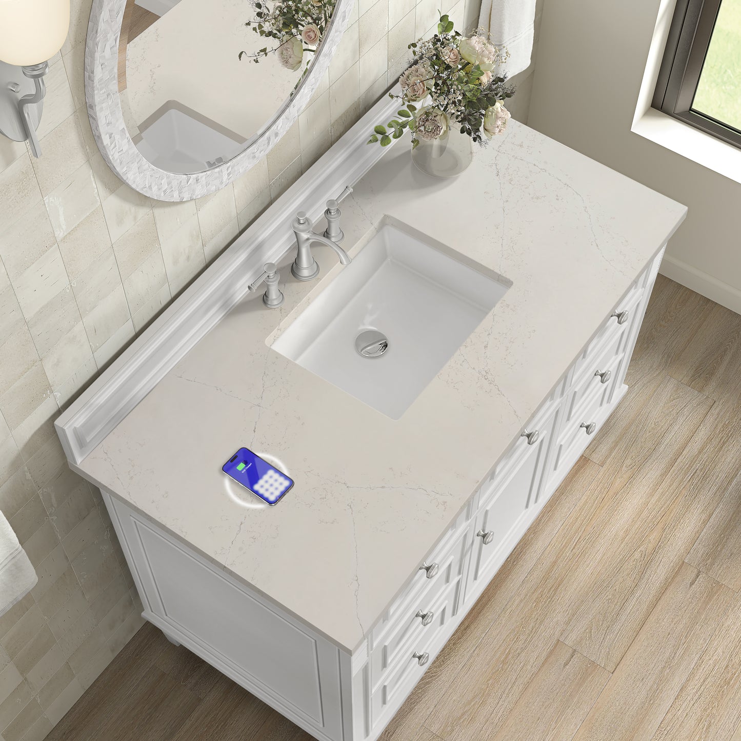 Renovate for Less Atlanta Lorelai 48" Single Vanity, Bright White, w/ 3 CM Siberian Silestone Top w/FreePower Wireless Charger
