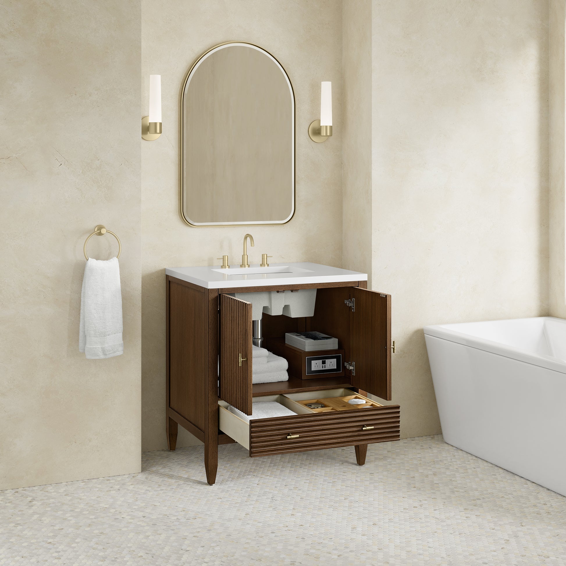 Renovate for Less Atlanta Myrrin 30" Single Vanity, Mid-Century Walnut w/ 3 CM White Zeus Silestone Top