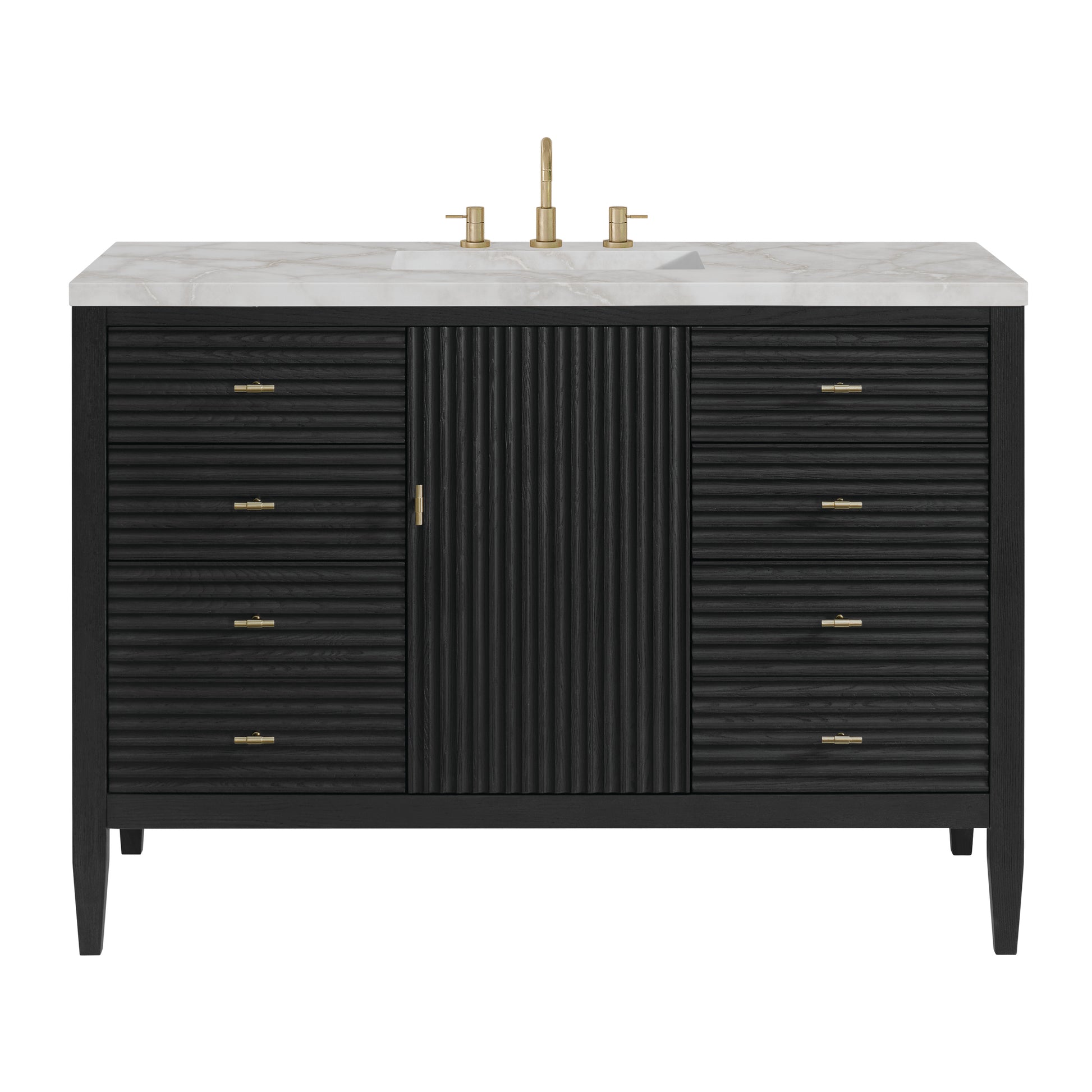 Renovate for Less Atlanta Myrrin 48" Single Vanity, Carbon Oak w/ 3 CM Victorian Silver Silestone Top w/FreePower Wireless Charger