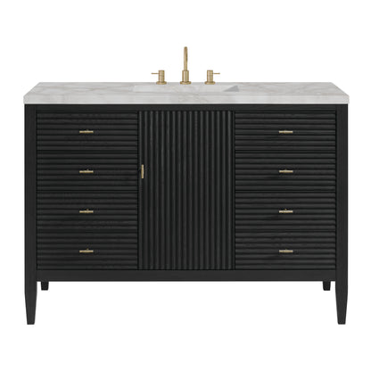 Renovate for Less Atlanta Myrrin 48" Single Vanity, Carbon Oak w/ 3 CM Victorian Silver Silestone Top w/FreePower Wireless Charger