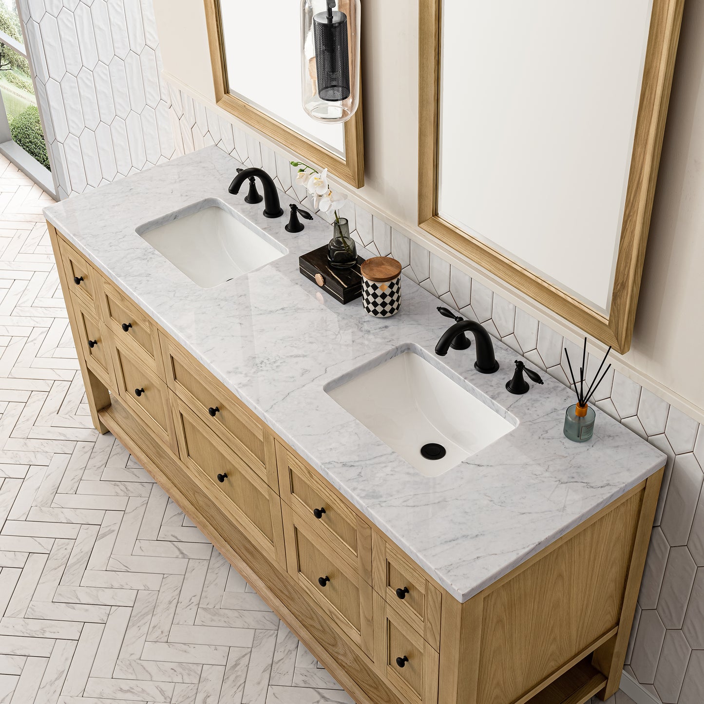 Renovate for Less Atlanta Breckenridge 72" Double Vanity, Light Natural Oak w/ 3 CM Carrara Marble Top