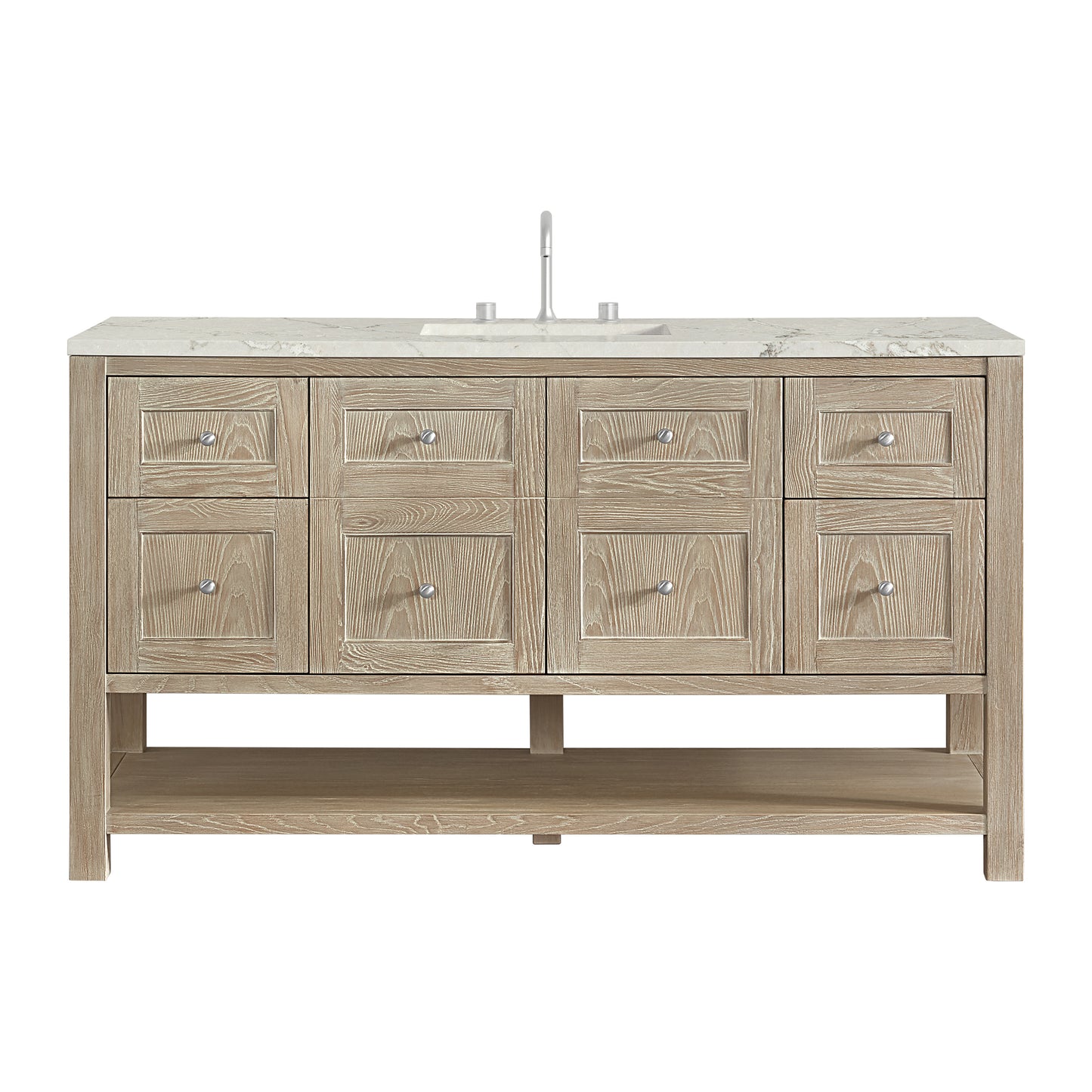 Renovate for Less Atlanta Breckenridge 60" Single Vanity, Whitewashed Oak, w/ 3 CM Victorian Silver Silestone Top w/ FreePower Wireless Charger