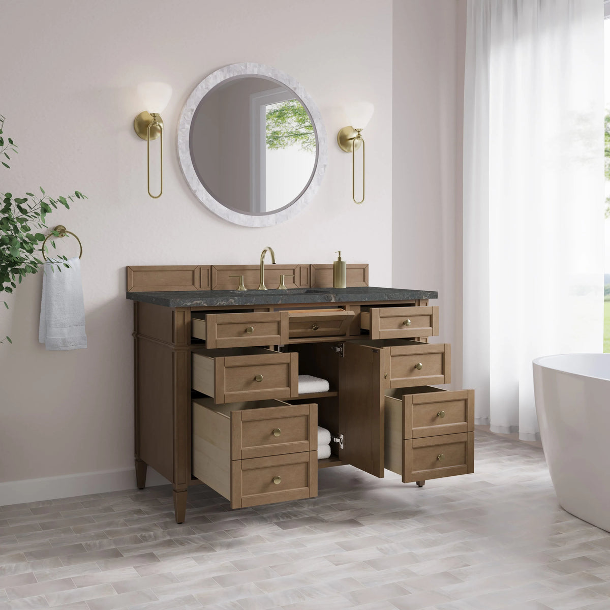 Brittany 48" Single Vanity, Pecan w/ 3 CM Parisien Bleu Silestone Top