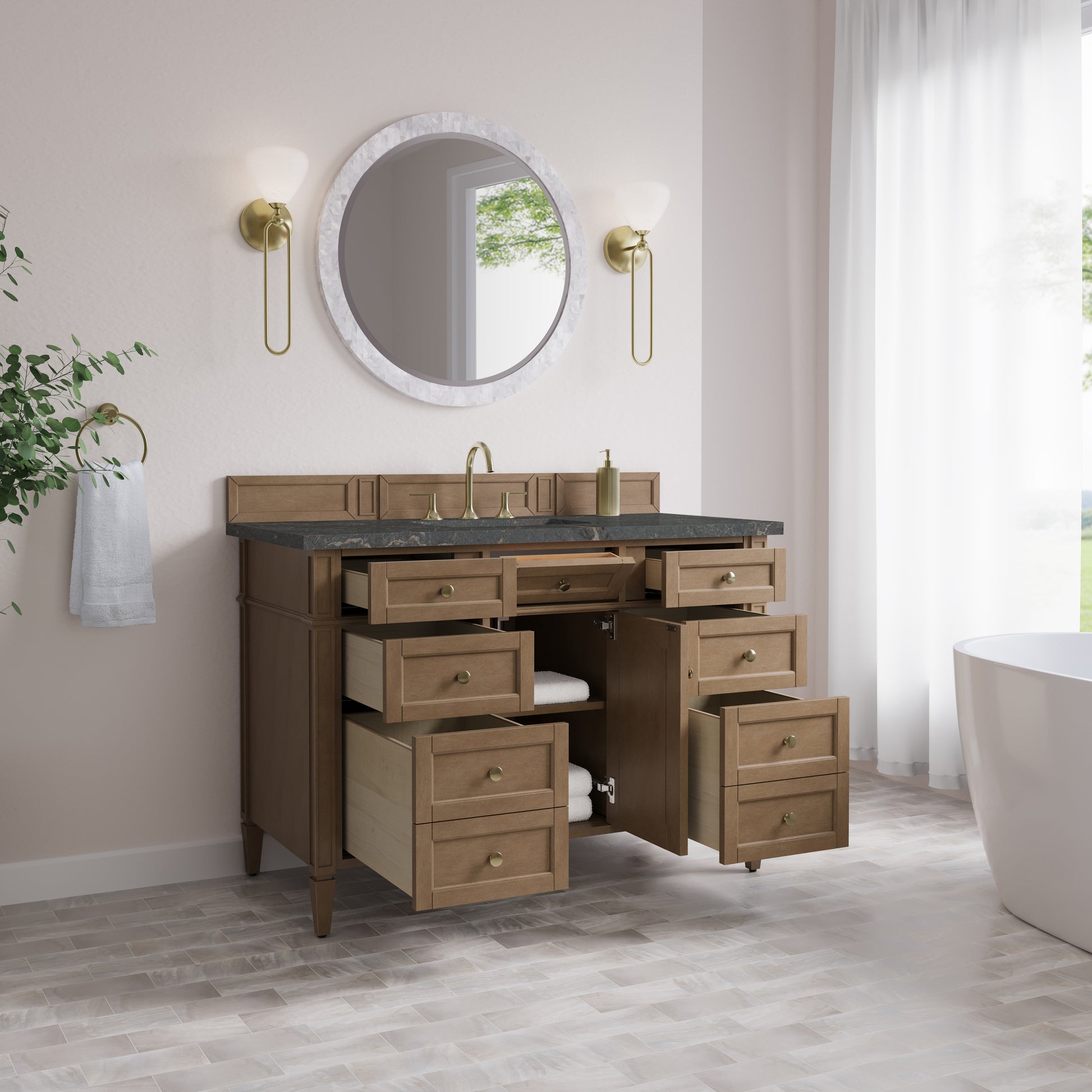 Renovate for Less Atlanta Brittany 48" Single Vanity, Pecan w/ 3 CM Parisien Bleu Silestone Top w/FreePower Wireless Charger