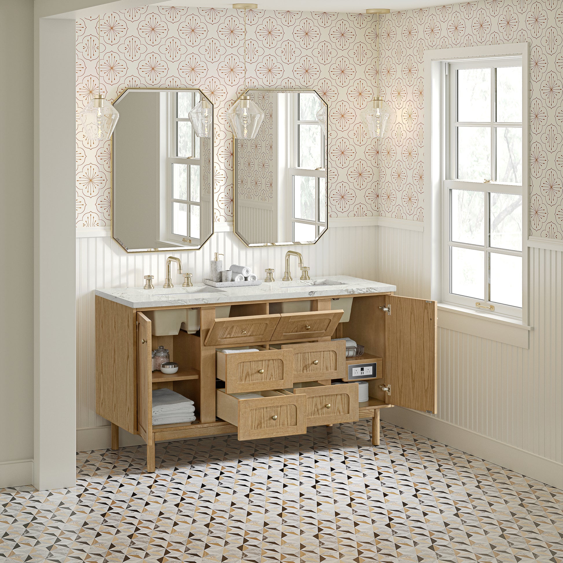 Renovate for Less Atlanta Laurent 60" Double Vanity, Light Natural Oak, w/ 3 CM Victorian Silver Quartz Top
