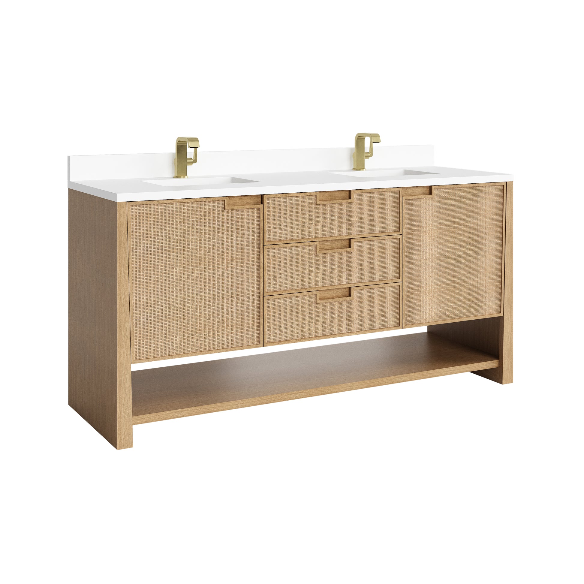 Renovate for Less Atlanta Solene 72" Double Vanity, Seaside Oak, w/ Single Hole 3 CM White Zeus Quartz Top & Backsplash