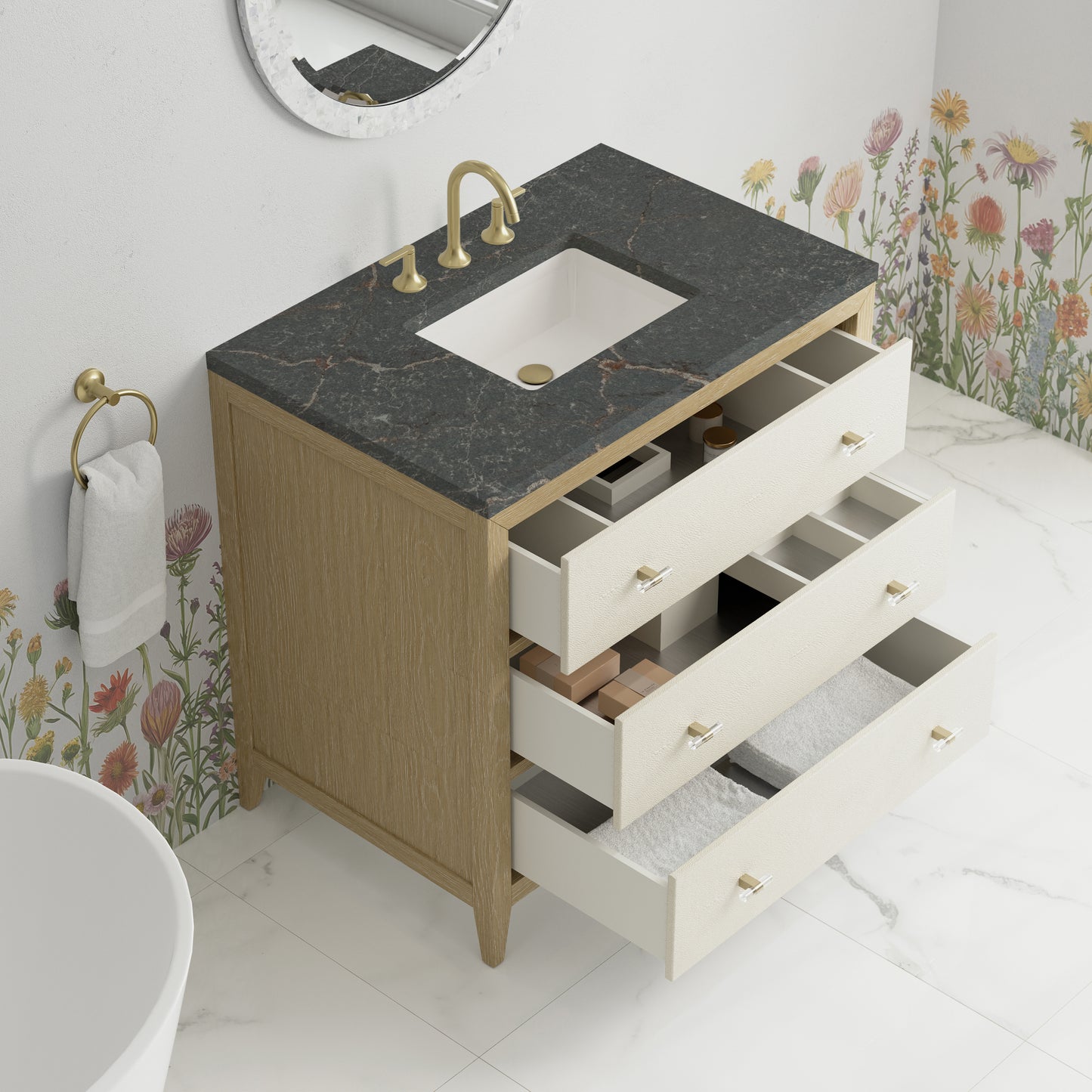 Renovate for Less Atlanta Celeste 36" Single Vanity, Sunwashed Oak with Embossed Shagreen w/ 3 CM Parisien Bleu Silestone Top