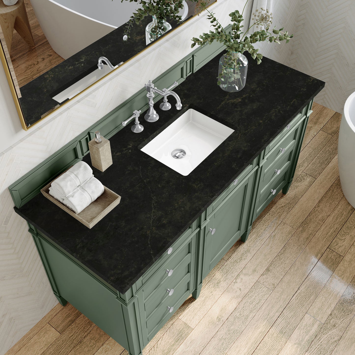 Renovate for Less Atlanta Brittany 60" Single Vanity, Smokey Celadon, w/ 3 CM Phantome Eclos Top
